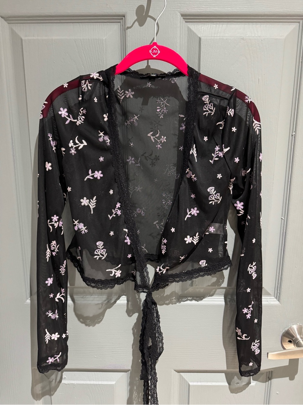 Sheer Black Floral Tie-Front Crop Top